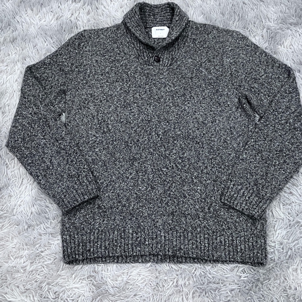 Old Navy 1/4‎ Button Shawl Collar Knit Sweater Charcoal Gray Size L Preppy